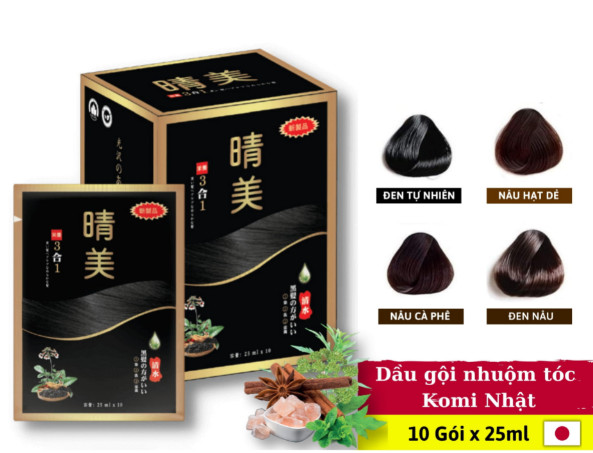 [ Hộp 10 gói x 25ml ] Dầu Gội Nhuộm Tóc Phủ Bạc Thảo Dược KOMI Nhật Bản Phủ Bạc Nhanh Chóng Giúp Giữ Màu Tóc Lâu Giúp Nuôi Dưỡng Tóc Mềm Mượt