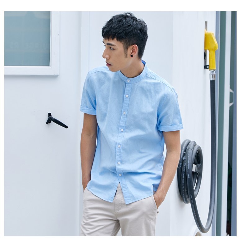 [HCM]Áo sơ mi đũi nam cổ tàu linen BONADO tay ngắn BD1310 - Xanh dương