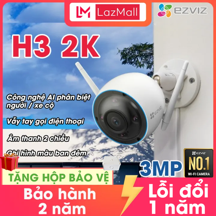 Giảm 100K + MUA 1 TẶNG 1 QUÀ + Camera EZVIZ H3 3mp 2k, đàm thoại 2 chiều , camera ngoài trời ban đêm có màu, phân biệt người và xe, chuẩn nén mới h265