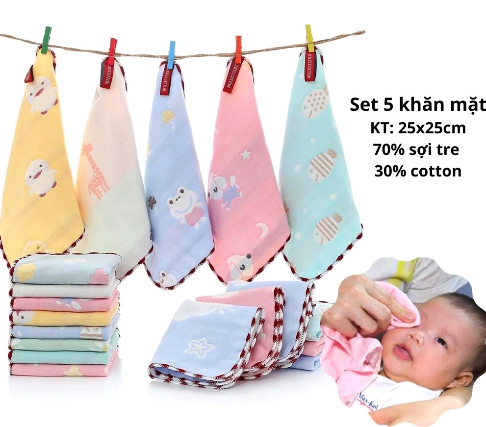Sét 5 khăn xô lee lee rửa mặt 6 lớp sợi tre họa tiết mẫu mới 25*25cm