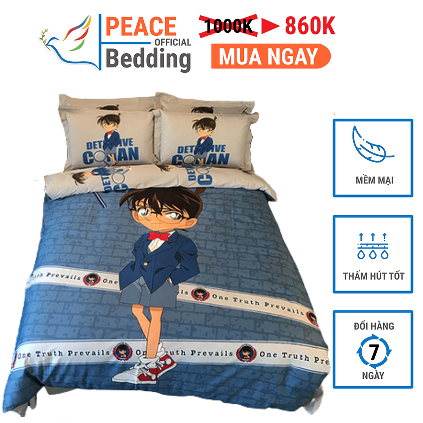 [FREESHIP] Bộ Vỏ Chăn Ga Giường 2 Vỏ Gối Đầu 4 Món Mẫu Thám Tử Lừng Danh Conan Chất Liệu Cotton 100% Mềm Mịn Dày Dặn Thấm Hút Tốt Hình Ảnh 3D Sinh Động Giặt Thoải Mái Bền Màu Cho Nệm 1M2 M4 M6 M8 2M