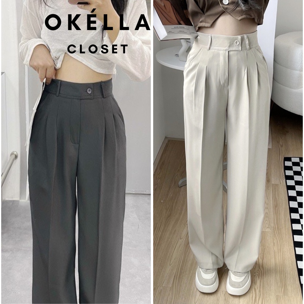 Quần ống rộng cạp lệch lưng cao Quần Culottes nữ chất Ruby hàn Okélla