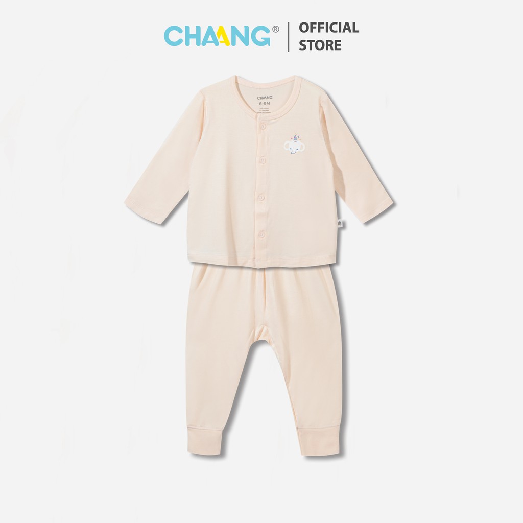 Bộ quần áo dài cúc giữa bé gái Dino cam Chaang