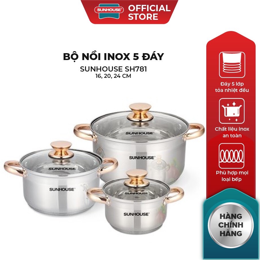 Bộ nồi 5 đáy bếp từ cao cấp sunhouse sh781 hàng chính hãng
