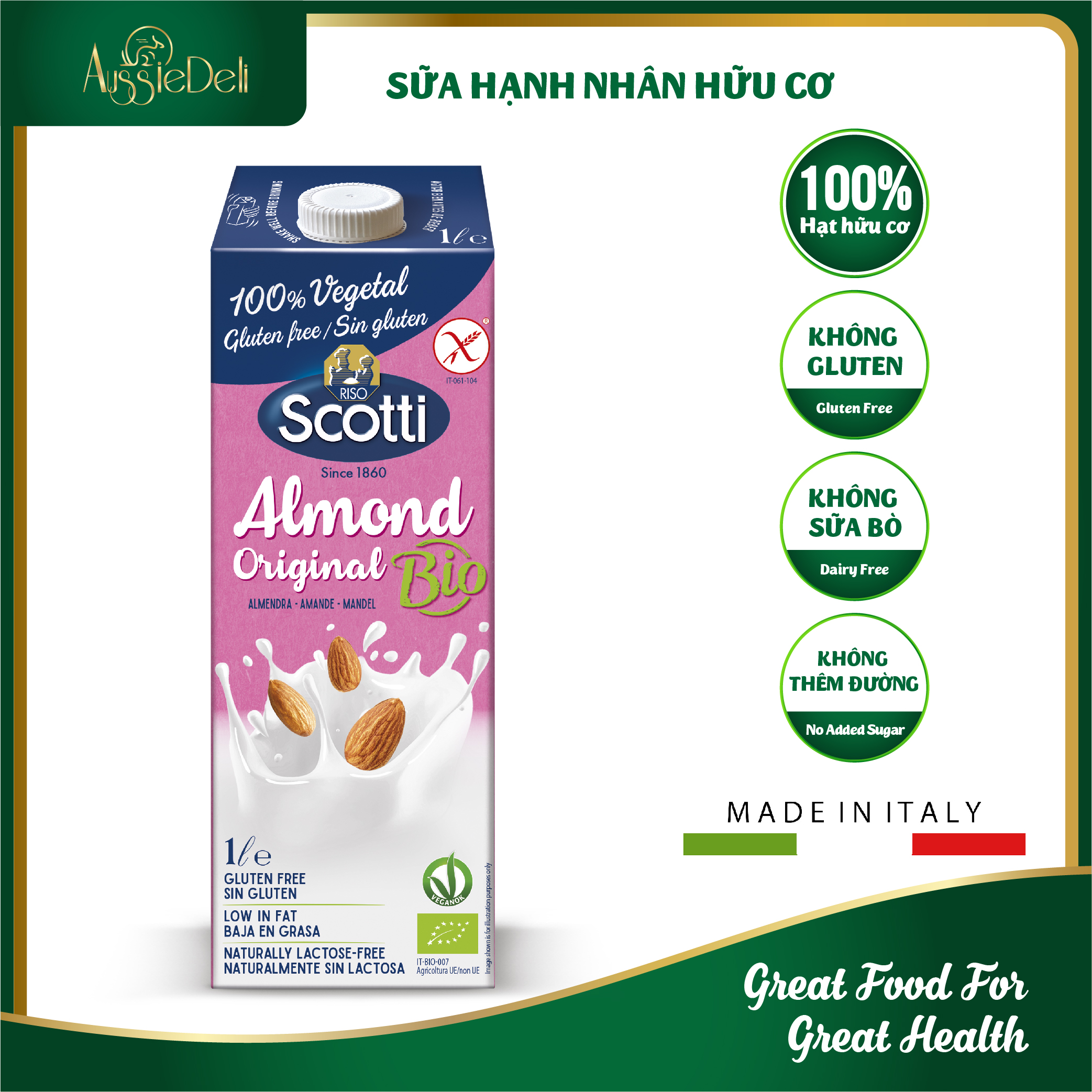 Hộp 1lít - sữa hạt hạnh nhân không đường không gluten - riso scotti - nhập khẩu từ ý