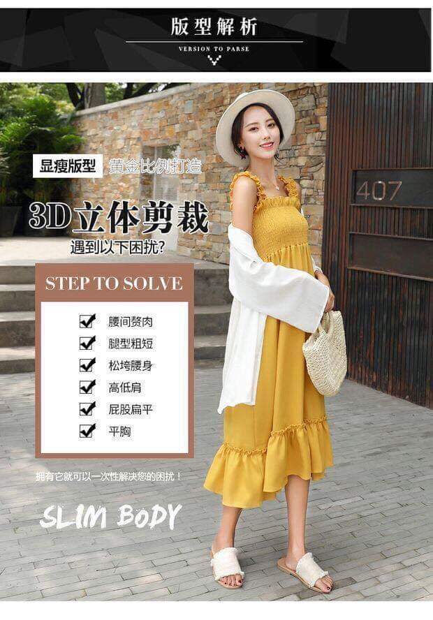 Hình thật đầm maxi bo nhún ngực tạo kiểu chất kate 4 màu hồng vàng đỏ đen