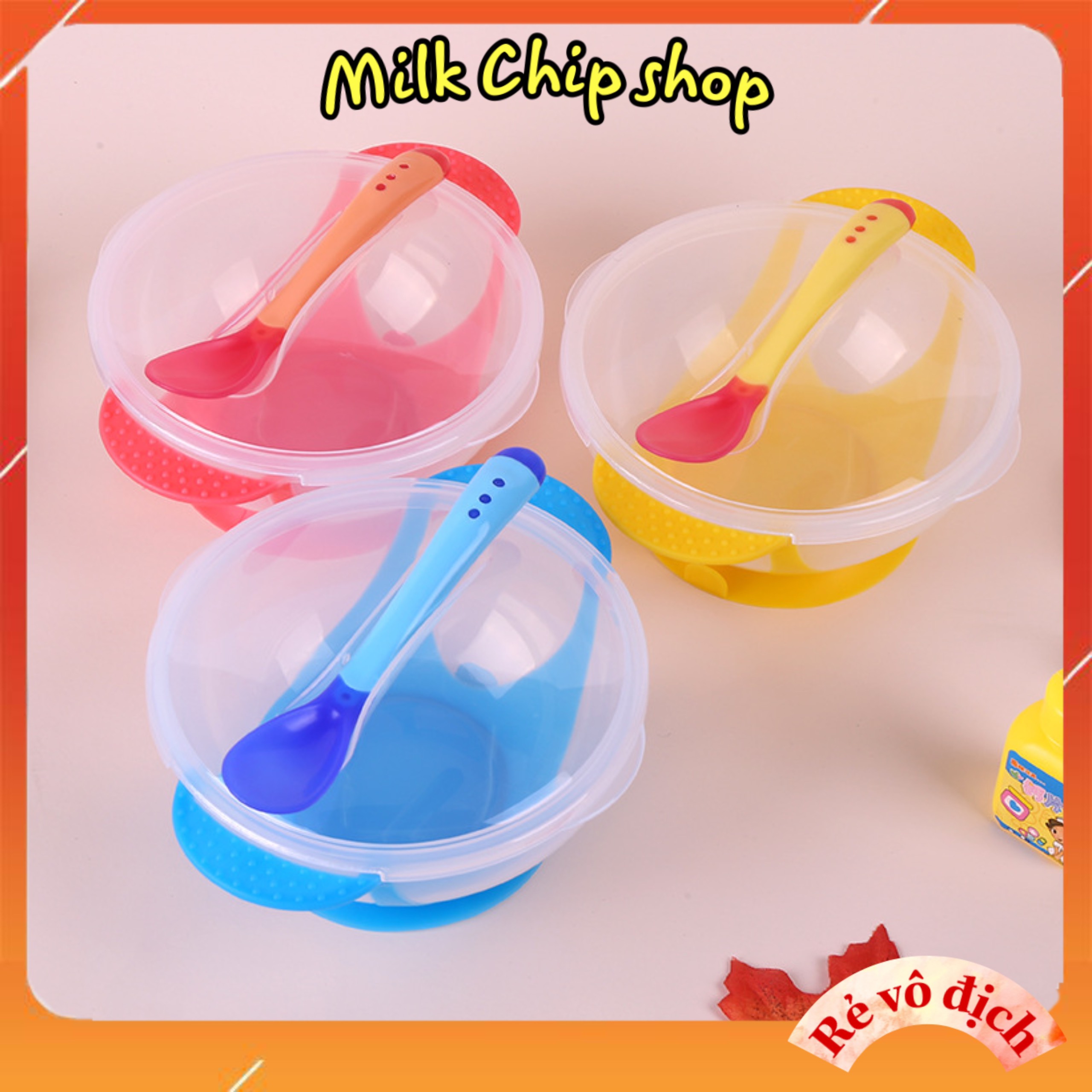 Bát ăn dặm chống đổ cho bé, có đế hút chân không và nắp (tặng thìa báo nóng) A032