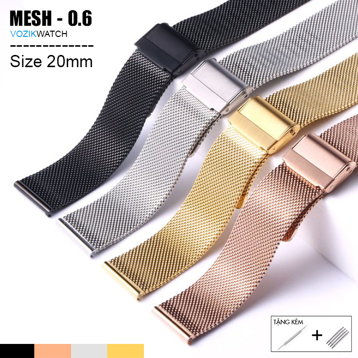 Dây đồng hồ thép lưới Mesh (size 20mm) dòng cao cấp loại mắt vừa, nhập khẩu bởi Plazavn Company