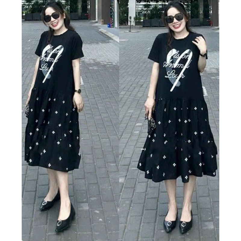 Váy Công Sở, Đầm Đuôi Cá From Rộng In Hình Tim Phối Chân Hoa From Rộng