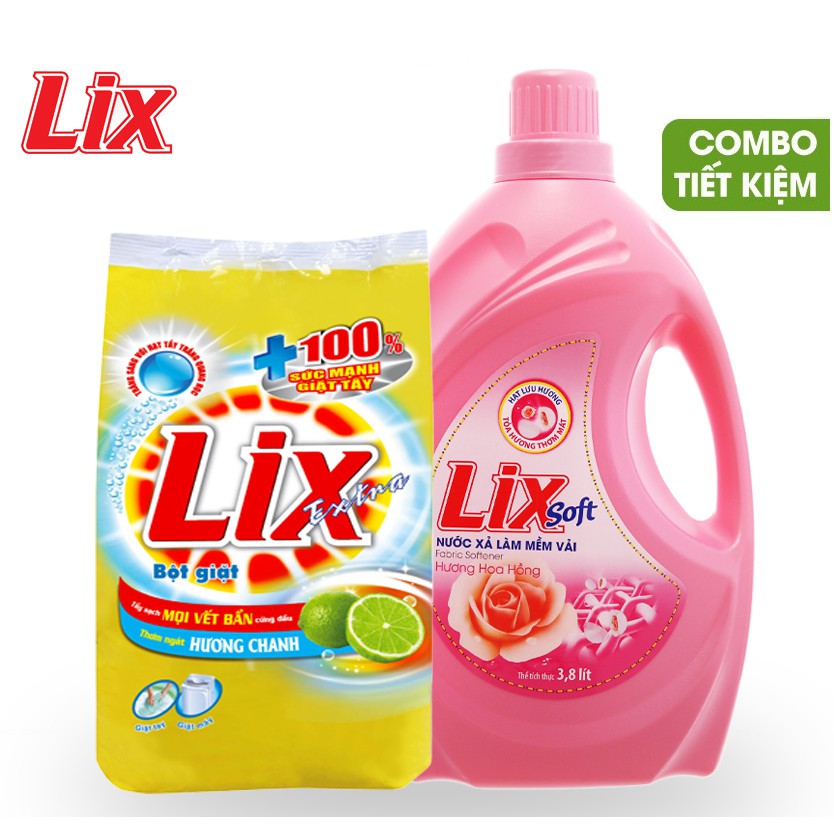 [HCM]Combo Bột giặt Lix Extra hương chanh 5,5Kg + Nước xả vải Lix Soft hương sớm mai 3.8 lít