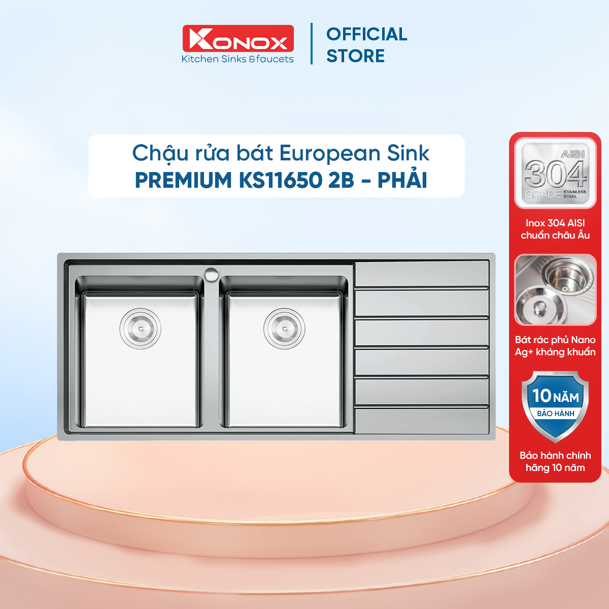 Chậu rửa bát inox 2 hố có bàn chờ Konox European Premium KS11650 2B