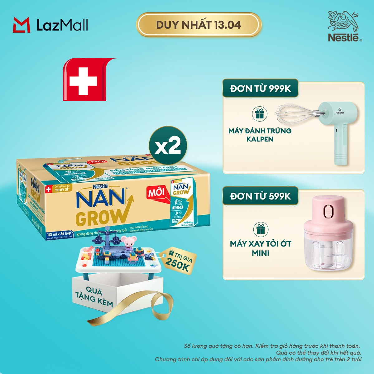 [CHỈ 13.04 QT Đơn 599K/999K] [Tặng Đồ chơi xếp hình công viên giải trí] 2 Thùng 36 hộp Sữa pha sẵn Nestlé NANGROW 110ml/hộp sữa mát công thức từ Thụy Sĩ 100% Canxi giúp bé cao lớn vượt trội