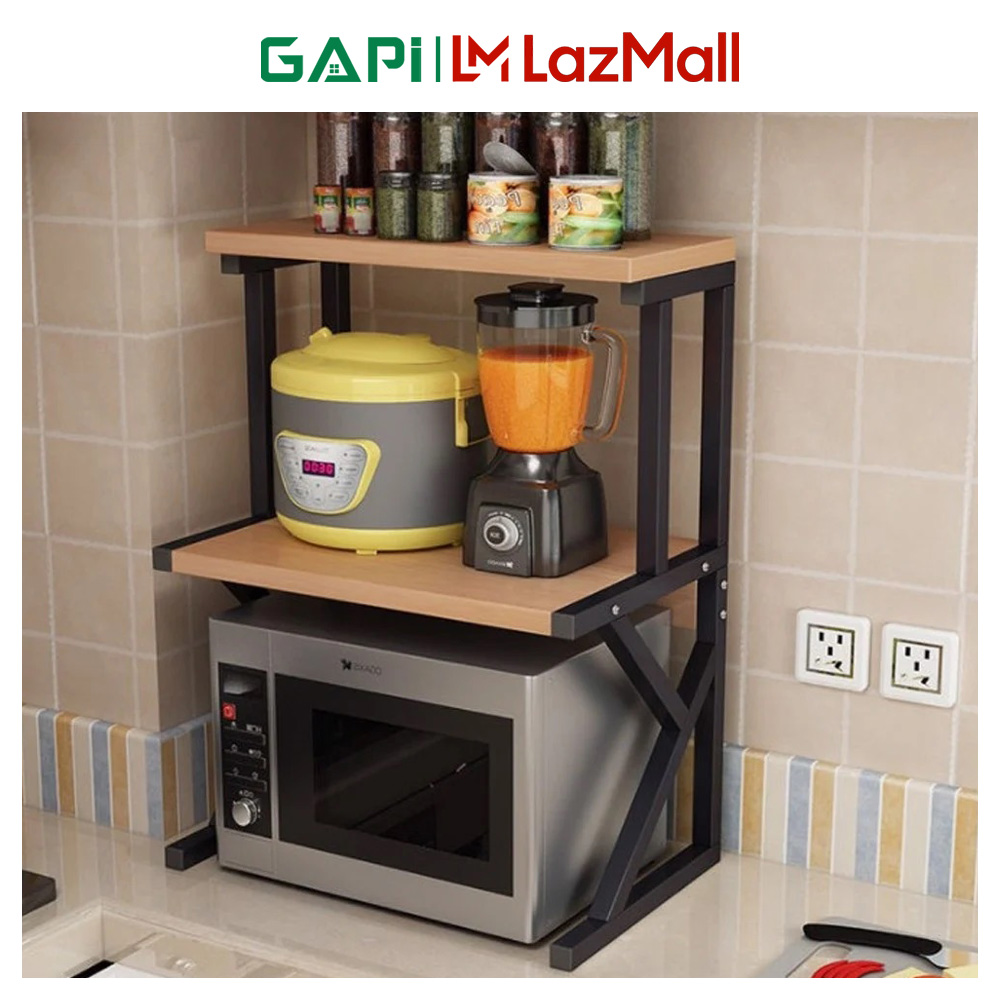 Kệ lò vi sóng GAPI 2 tầng khung sắt mặt gỗ MDF kệ gia vị decor tiết kiệm không gian nhà bếp - GM02