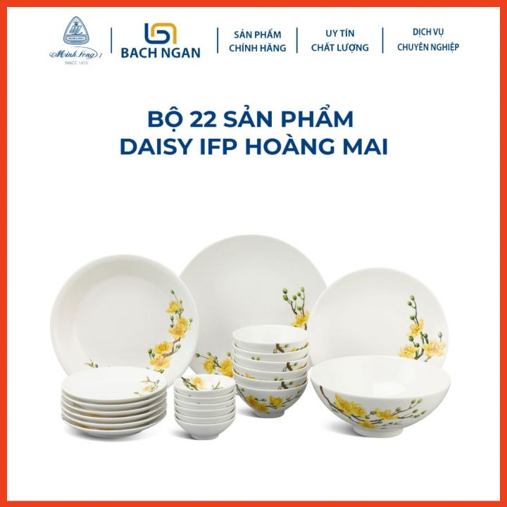 Bộ Chén Dĩa Sứ Minh Long 22 sản phẩm Daisy IFP Hoàng Mai dùng cho gia đình, đẹp cao cấp dùng đãi khách, tặng quà tết - bộ bàn ăn