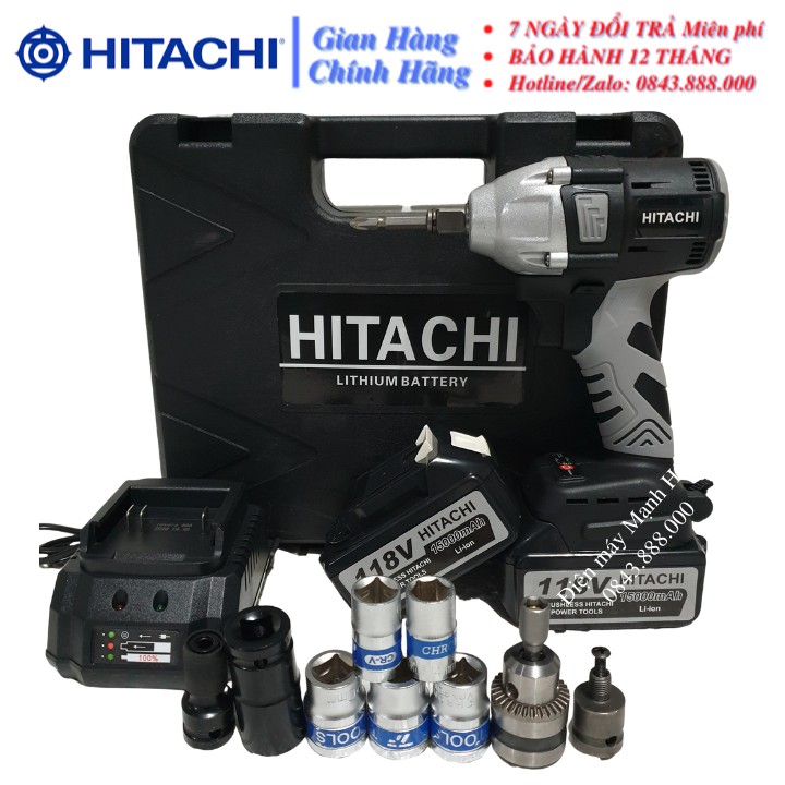 Máy siết bulong vặn ốc Hitachi 118V - 2 Pin - 100% ruột đồng - tặng bộ chuyển đổi khoan cao cấp và 5 khẩu trắng