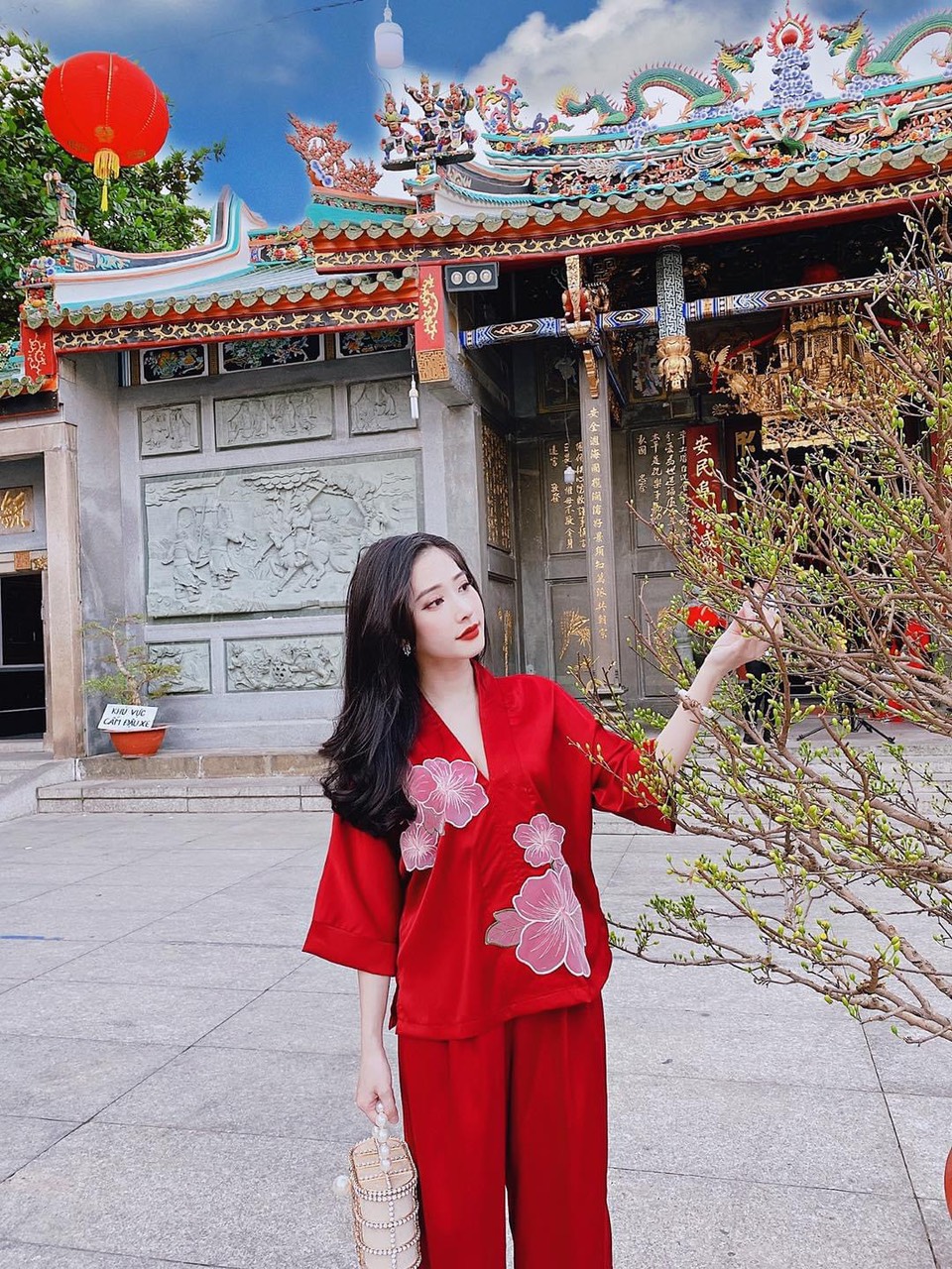 Đồ lam đi chùa bộ đi lễ chất lụa phối hoa cao cấp L5