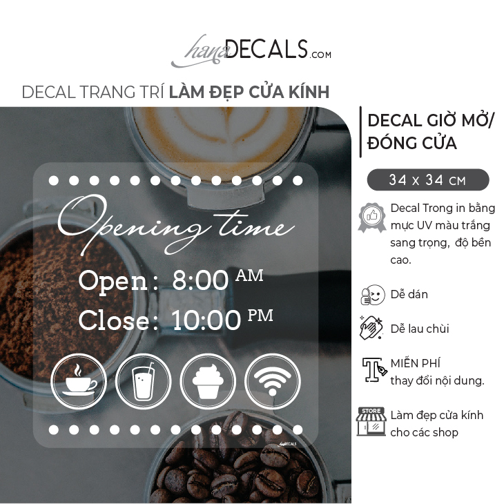 Decal trang trí làm đẹp cửa kính hanadecals. giờ mở cửa - opening hours. tặng kèm thẻ nhựa. mẫu hv10