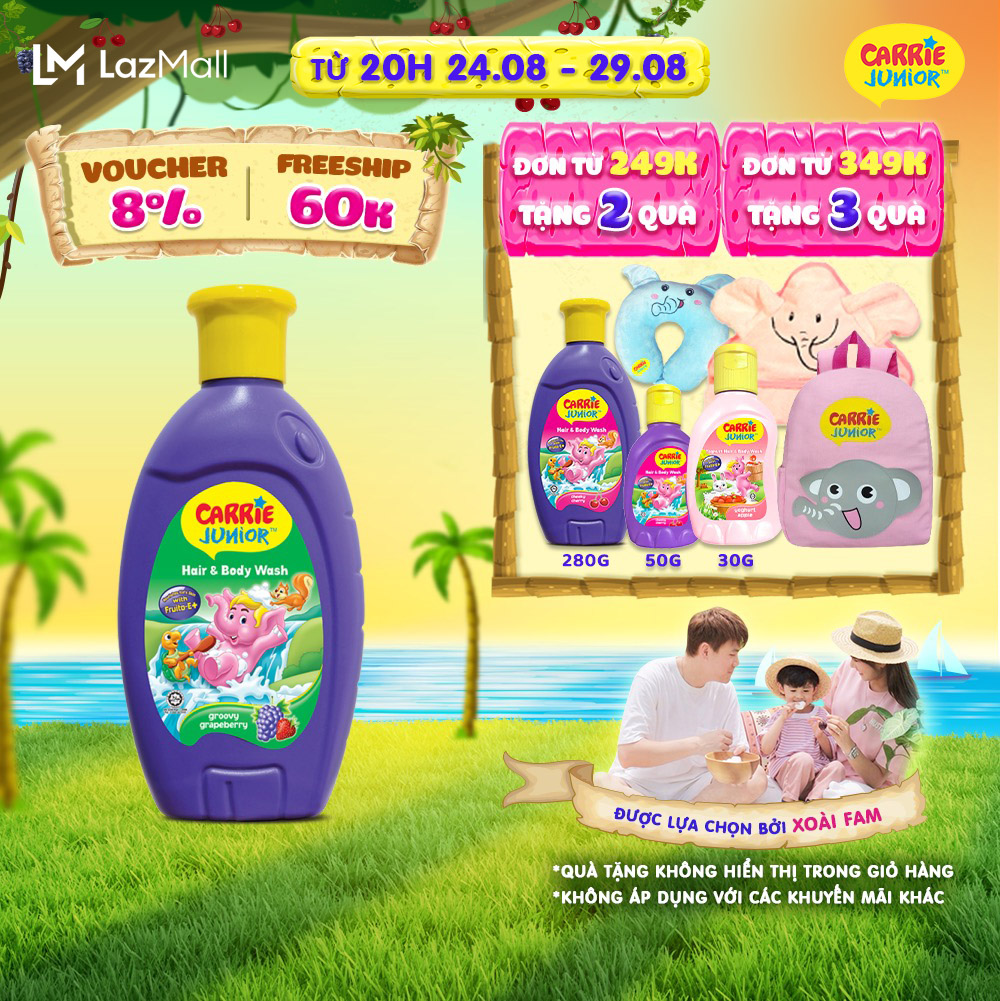 Sữa tắm Gội cho bé Carrie Junior chiết xuất trái cây thiên nhiên hương Grapeberry 280g