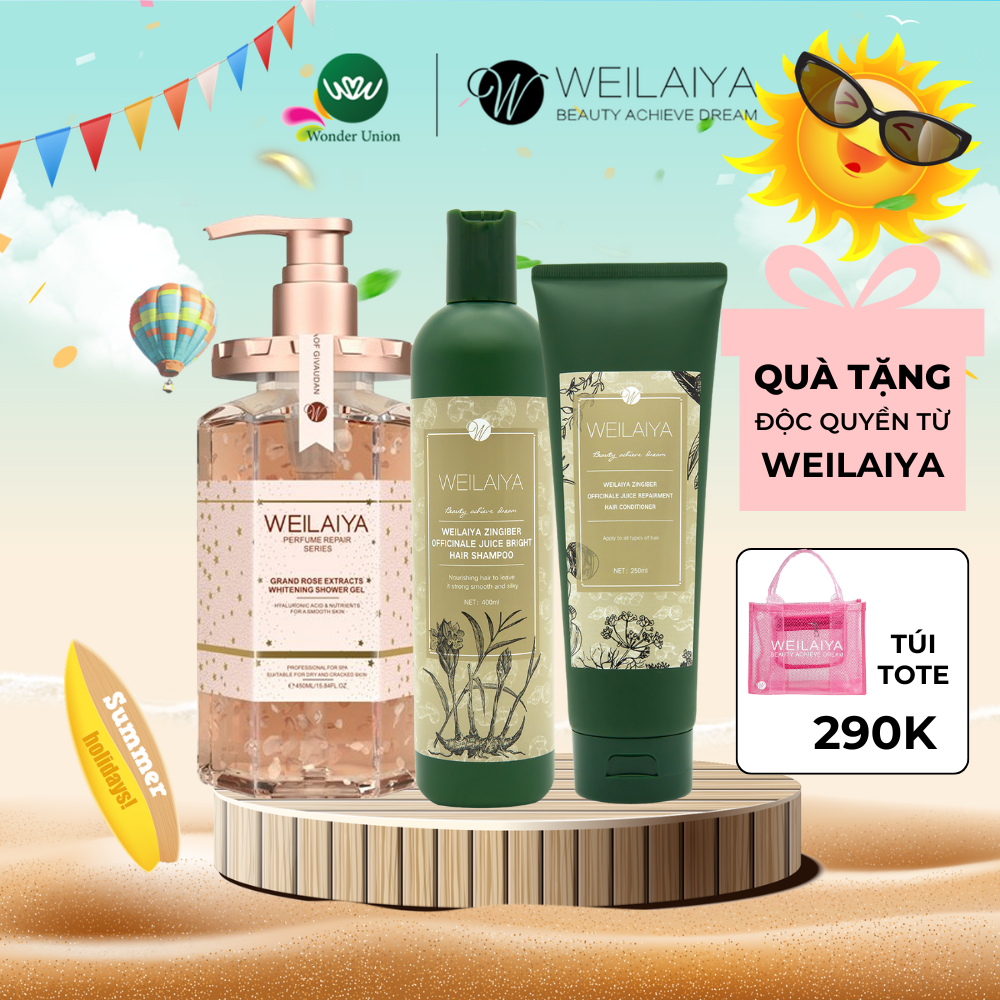 Combo Sữa tắm nước hoa, trắng da toàn thân Damask và dầu gội đầu, dầu xả tóc thảo dược gừng Weilaiya ngăn rụng tóc