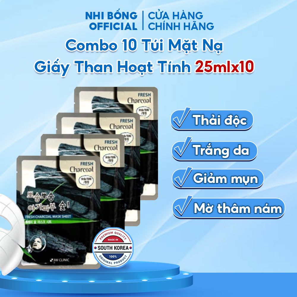 Combo 10 Túi Mặt nạ giấy than hoạt tính 3W Clinic Hàn Quốc giúp làm trắng da dưỡng ẩm & mềm mịn da 23mlx10