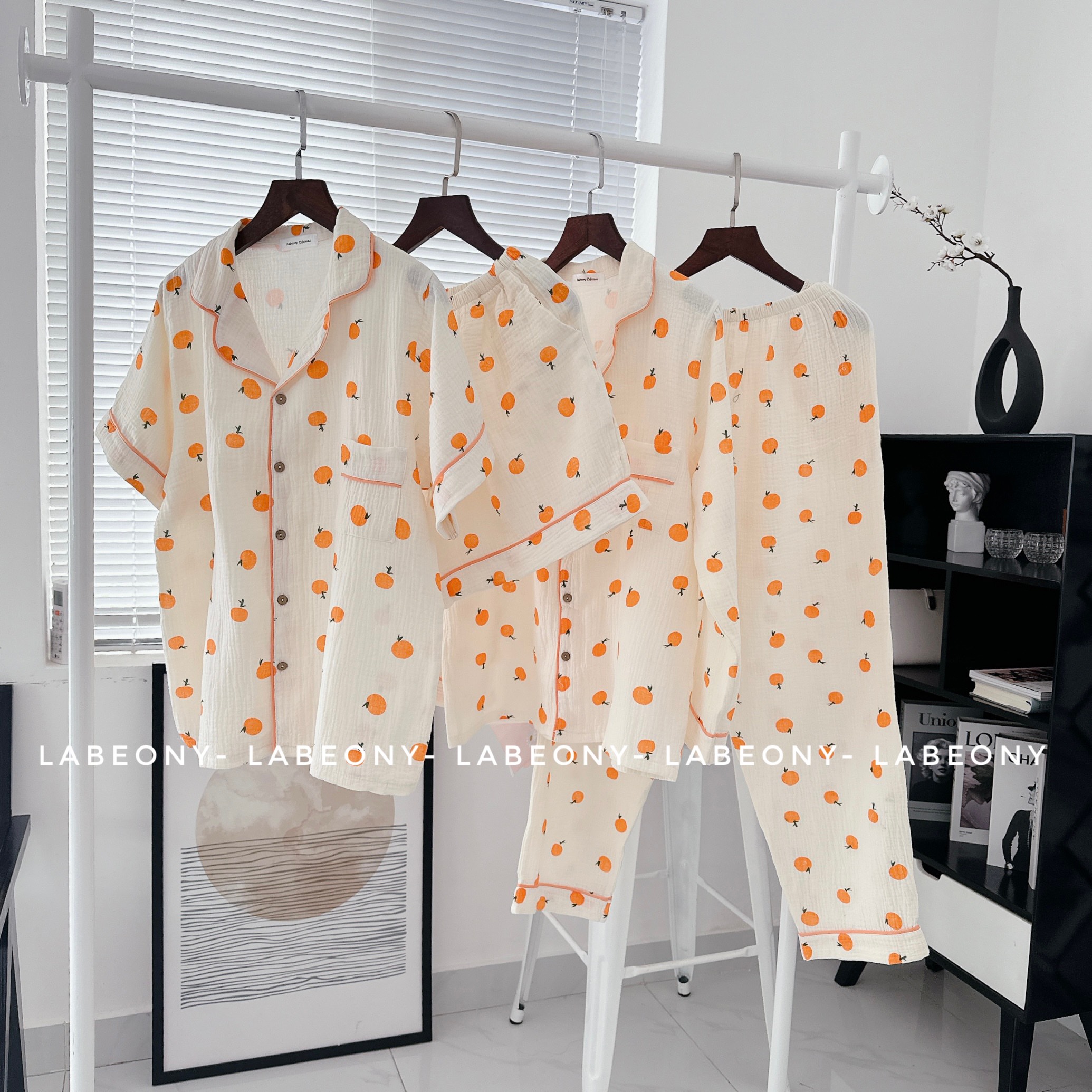 Đồ mặc nhà pyjamas đồ bộ nữ Họa tiết trái cam muslin Labeony