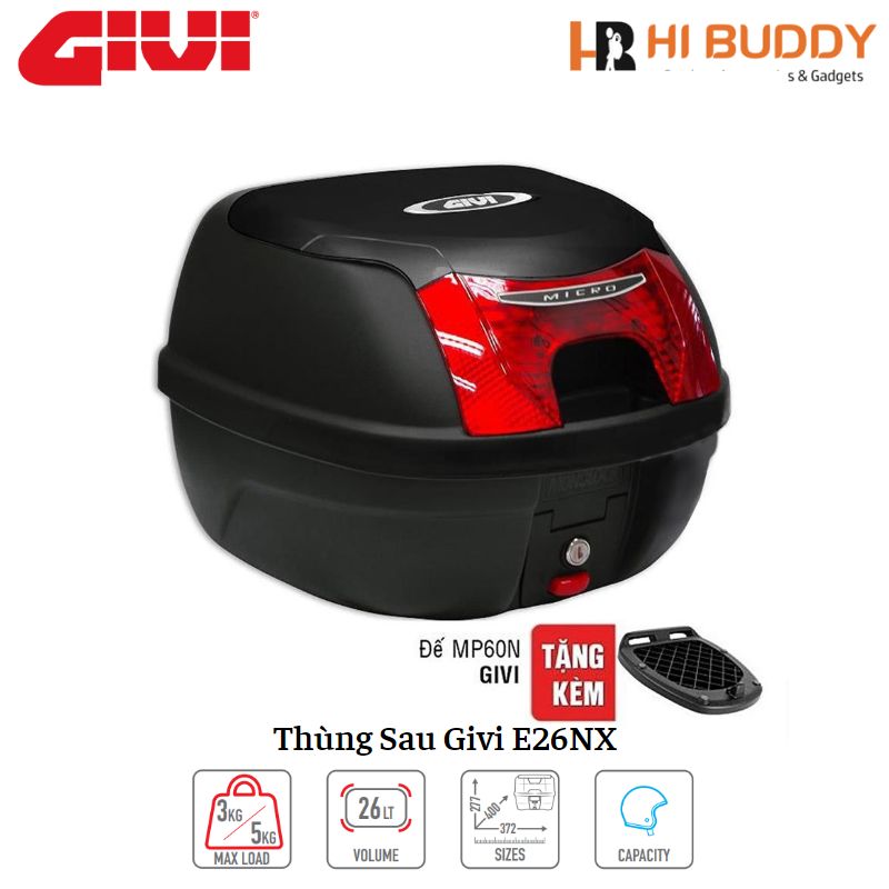 Thùng đựng đồ xe máy Givi E26NX Micro 26L Monolock System Technology Tặng đế đệm MP60N - Hàng chính hãng