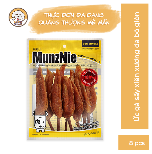 Ức gà thức ăn cho chó Munznie xiên xương da bò gặm sạch răng giòn gói 8 miếng