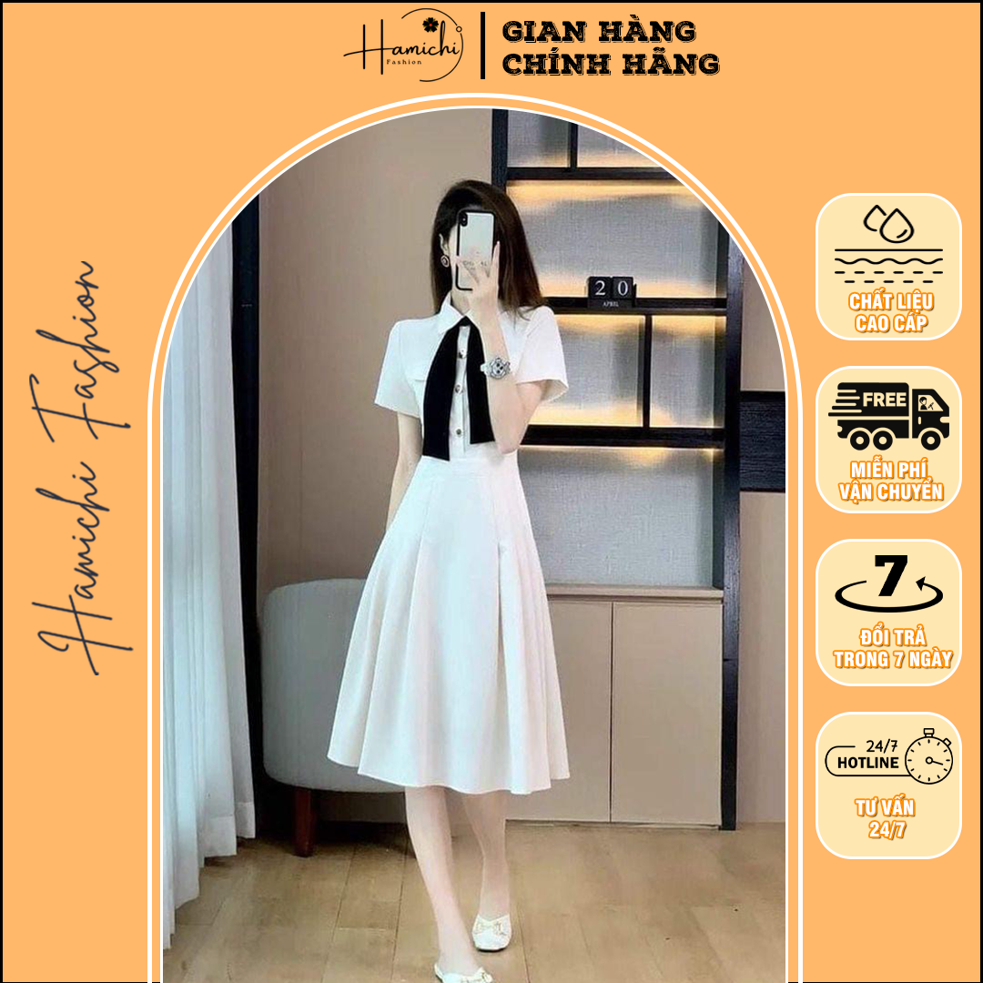 Váy trắng tiêu thư hamichi fashion - váy trắng dài nơ đen thiết kế cao cấp