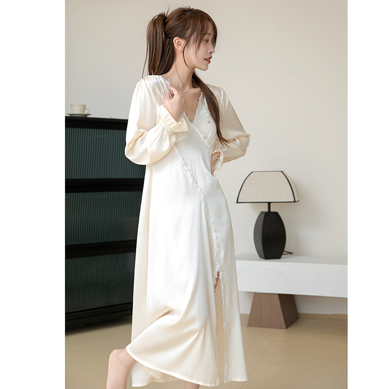 Đồ Ngủ Nữ Xuân Thu Dài Tay Tôn Dáng Gầy V Cà Vạt Đệm Ngực Váy Ngủ Lụa Băng Tuyết Rộng Rãi Xẻ Tà Cao Cấp 2023 Mẫu Mới