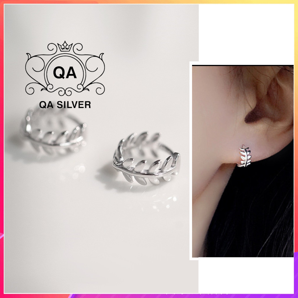 Khuyên tai bạc 925 tròn lá bông kẹp vành nam nữ s925 leaf qa silver earrings ea231107