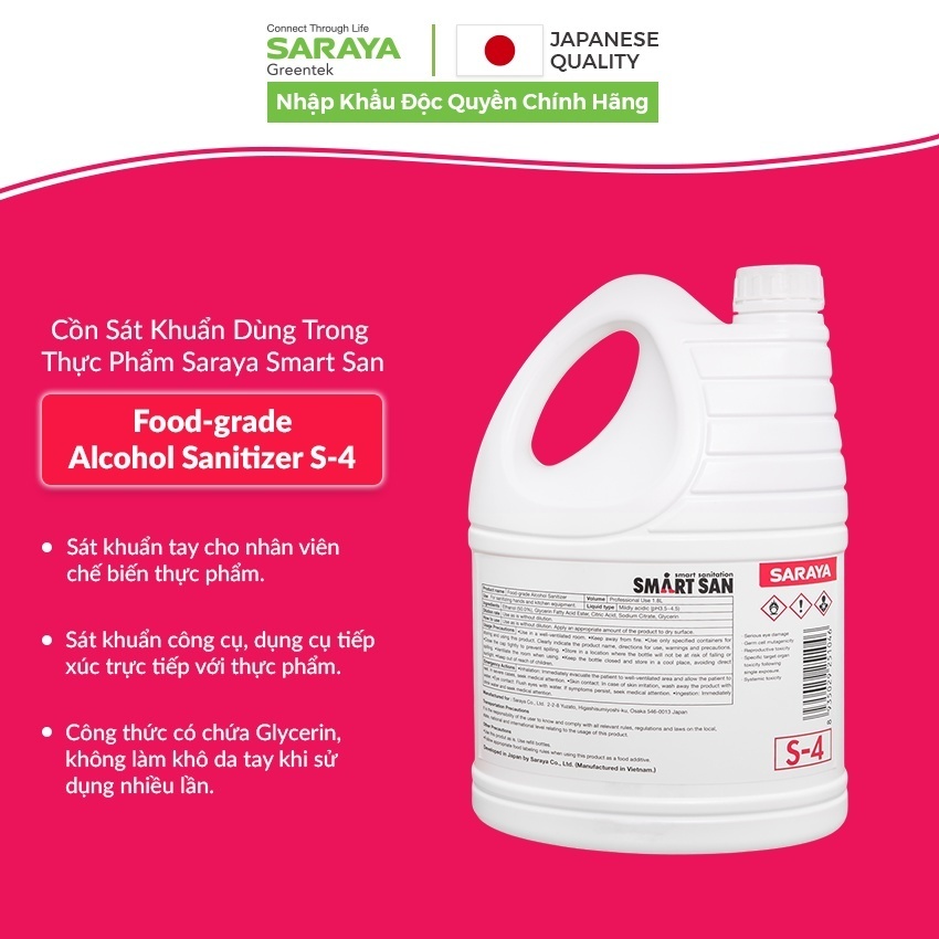 Cồn sát khuẩn Saraya Smart San Food Grade Alcohol Sanitizer S-4 (Dùng trong thực phẩm) - Can 1.8 Lít