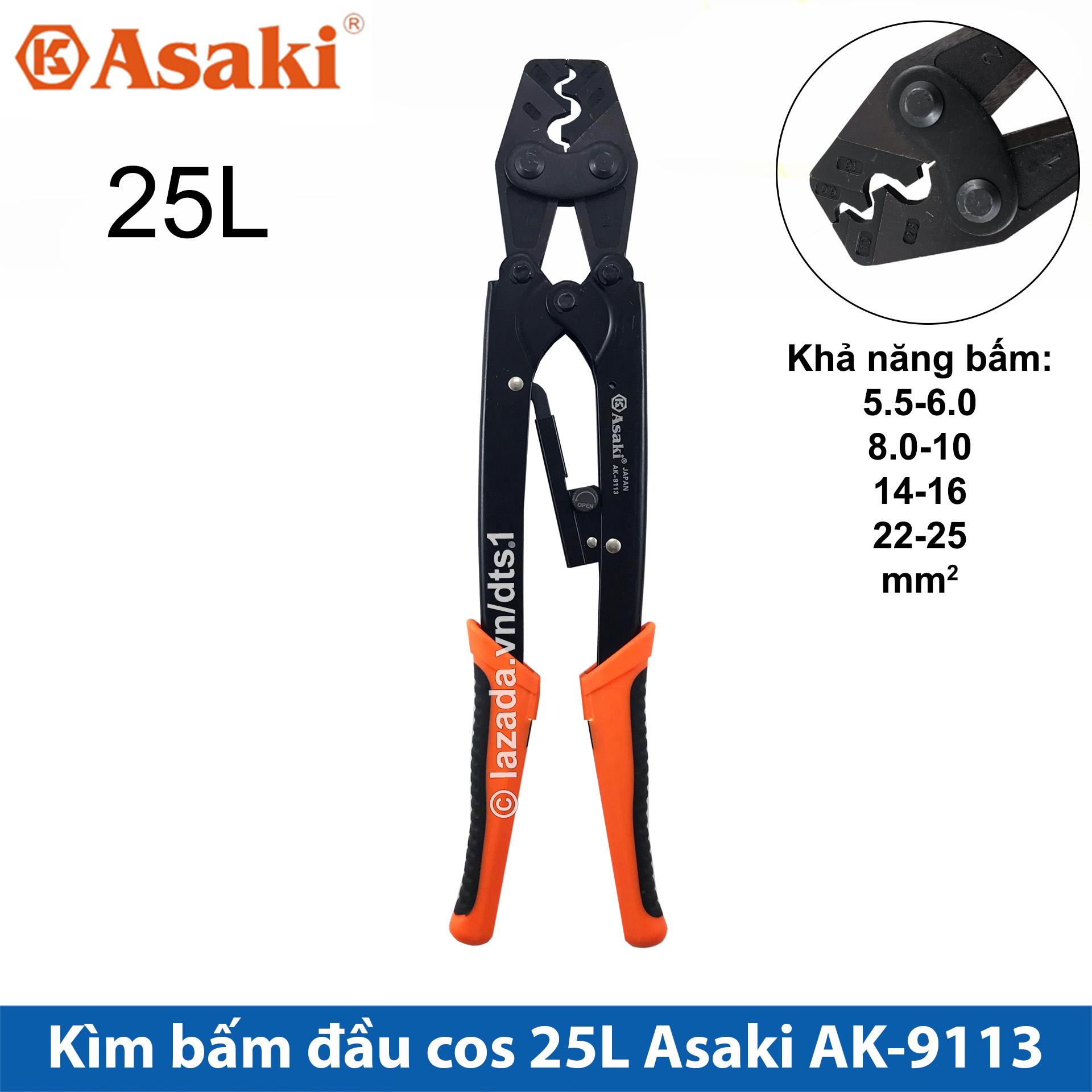 Kìm bấm cos 25l 5.5 - 25mm2 asaki ak-9113, kềm bấm cốt 25l thiết kế theo dạng cộng lực, để tăng lực bấm đầu kìm chính xác, bấm nhanh, dễ dàng thao tác