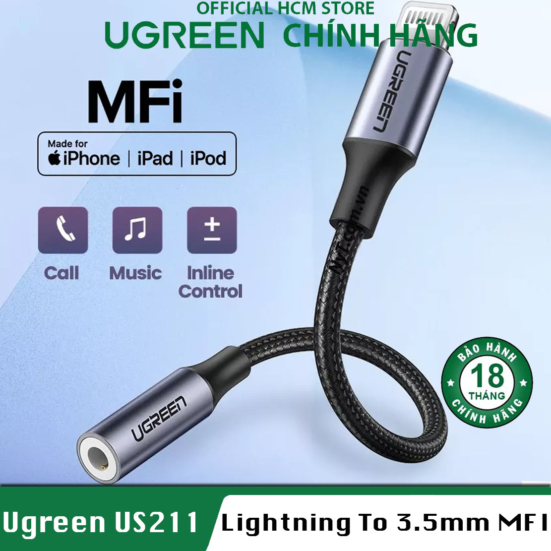 Cáp chuyển đổi lightning sang 3 5mm mfi ugreen us211 - bh 18 tháng chính hãng
