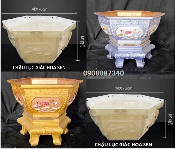 Khuôn chậu lục giác hoa sen miệng 65 cao 34cm, 01 bộ khuôn nhựa kèm đôn