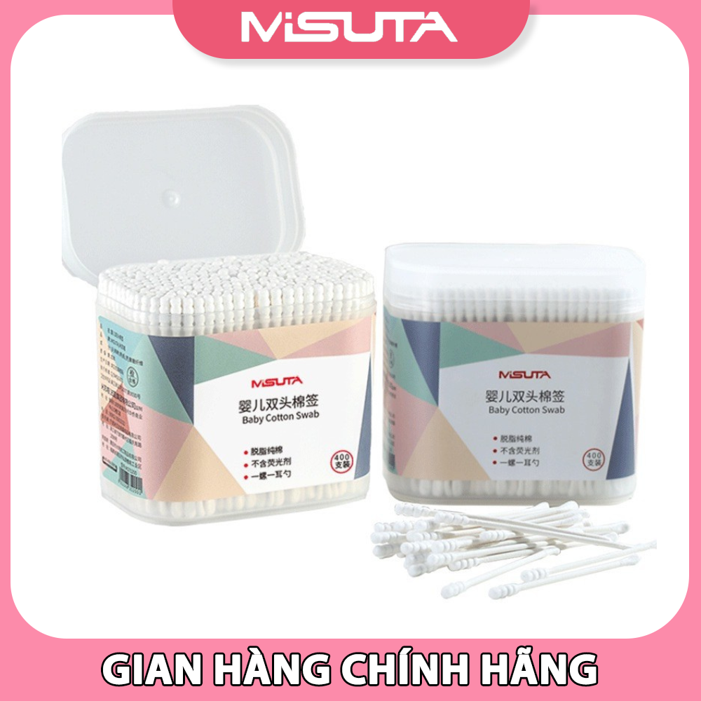 Tăm Bông Cho Trẻ Sơ SInh, Tăm Bông Misuta Hộp 400 Que Được Làm Bông Tự Nhiên An Toàn Cho Bé