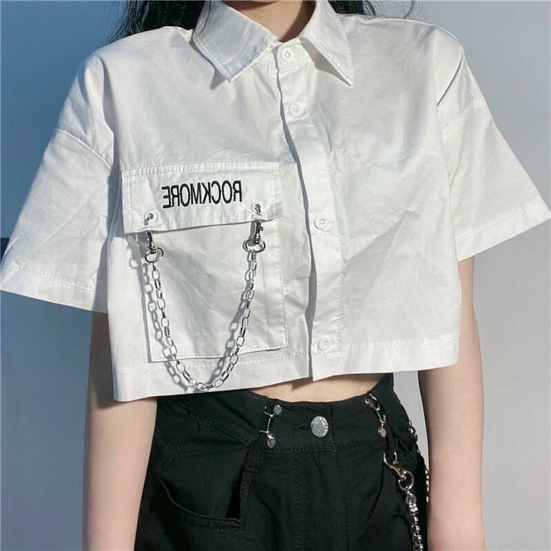 [HCM]áo sơ mi lửng tay ngắn 1 bên túi phối dây xích thời trang nữ cá tính  m434