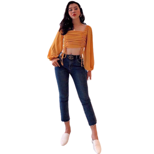 [HCM]Áo nữ tay dài phồng  dây rút hai bên hông cổ vuông thời trang xuân hè mẫu mã mới Av0102