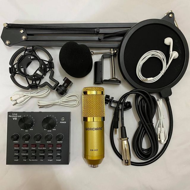 Combo bộ mic thu âm livestream karaoke bm900 V8 chân kẹp màng lọc tặng tai nghe