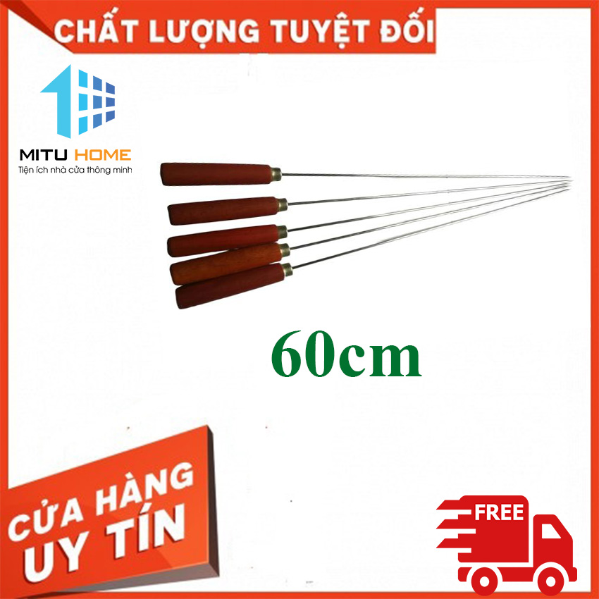 Combo 5 xiên nướng thịt inox 60cm chuôi gỗ - Mituhome - Dùng trong bếp nướng thịt, lò nướng rất tiện ích