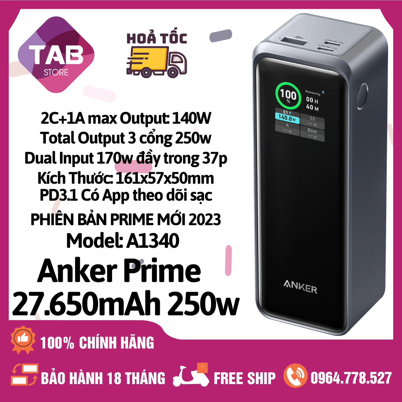 Sạc Dự Phòng Anker Prime 27.650mAh 250w 2C+1A - A1340 (Bảo Hành 18 Tháng)