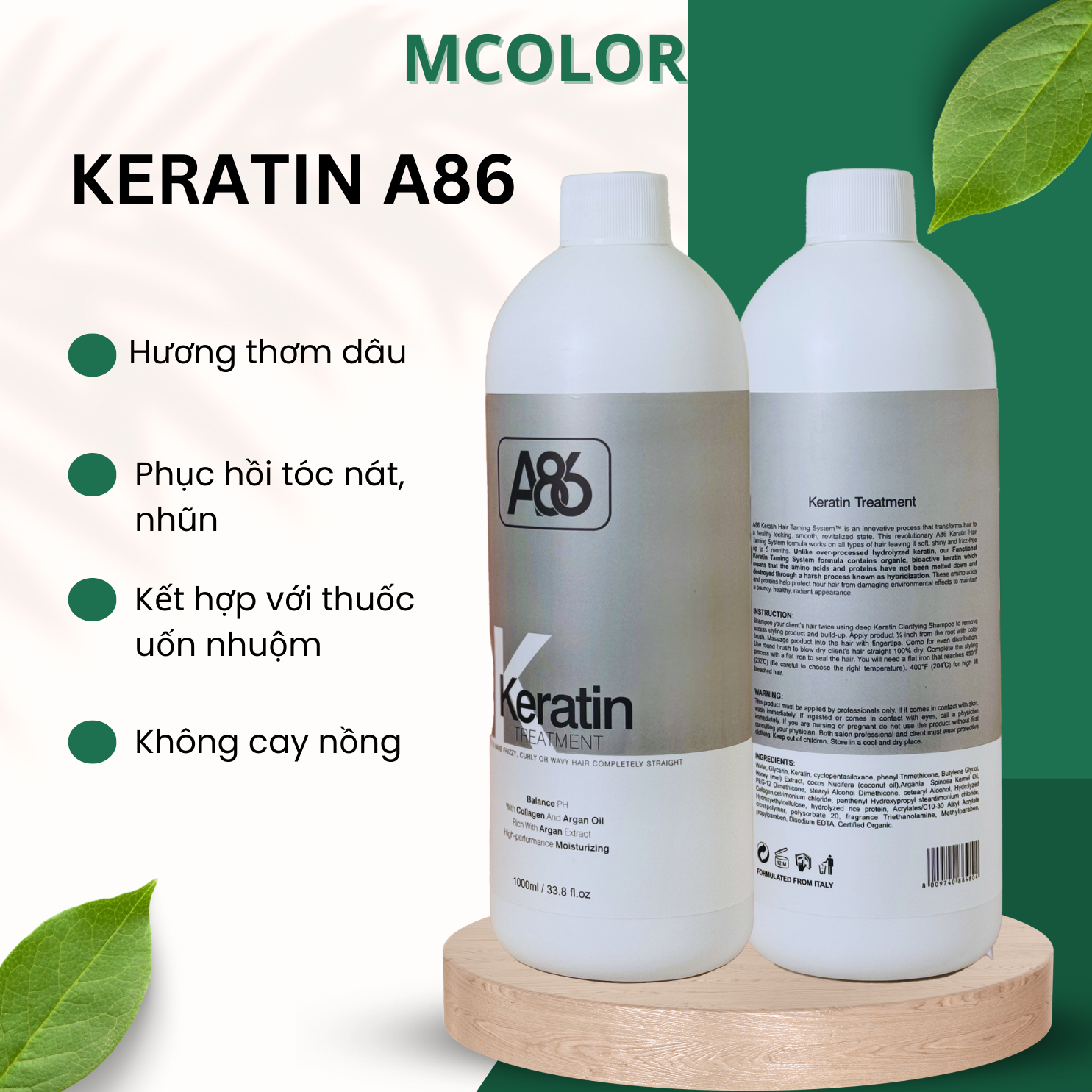 Keratin A86 phục hồi tóc hư tổn, tóc nhũn hương dâu không gây bết tóc chai 1000ml