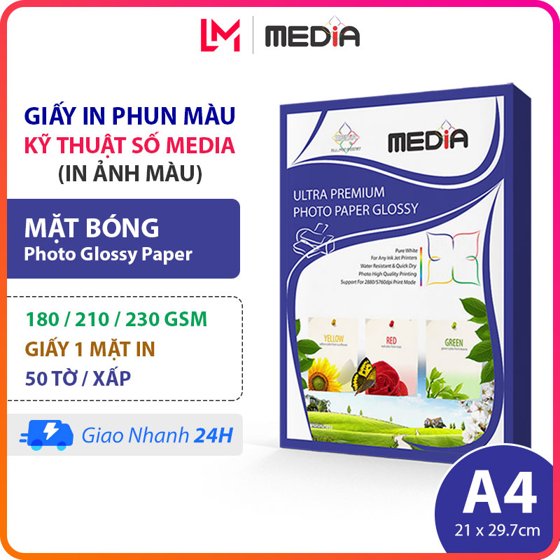 Giấy In Ảnh Media A4 Bóng 1 Mặt In 180/210/230gsm 50 Tờ, Giấy Ảnh Glossy Photo Paper 21x30, Giấy In Phun Màu A4
