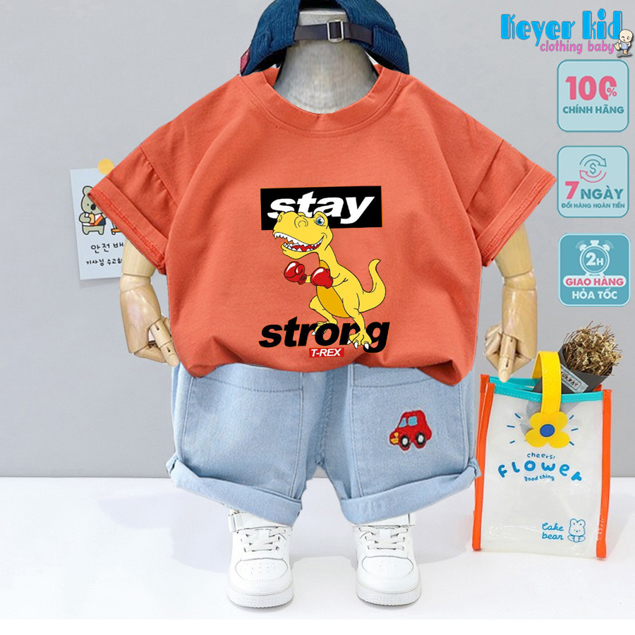 Set bộ quần áo thun cotton bé trai keyer kids, áo thun cotton 4c cộc tay phối quần short jean họa tiết hoạt hình sz47