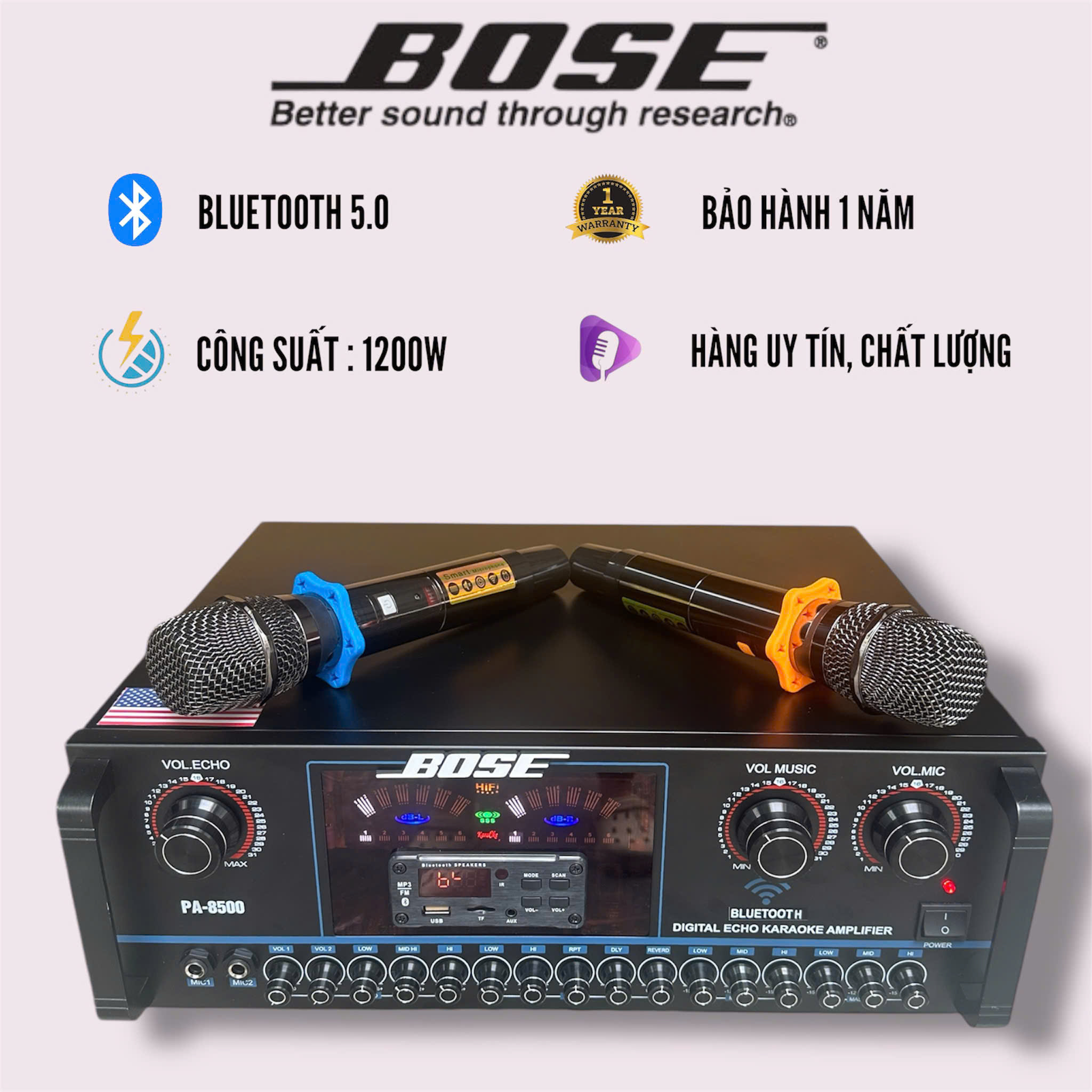 Âmpli đẩy liền vang PA - 8500 Sử dụng 16 sò lớn Toshiba Tích hợp bluetooth, ( Echo kết hợp Reveb)  2 Micro không dây và nhiều tính năng khác karaoke và nghe nhạc cao cấp hàng mới nhập khẩu