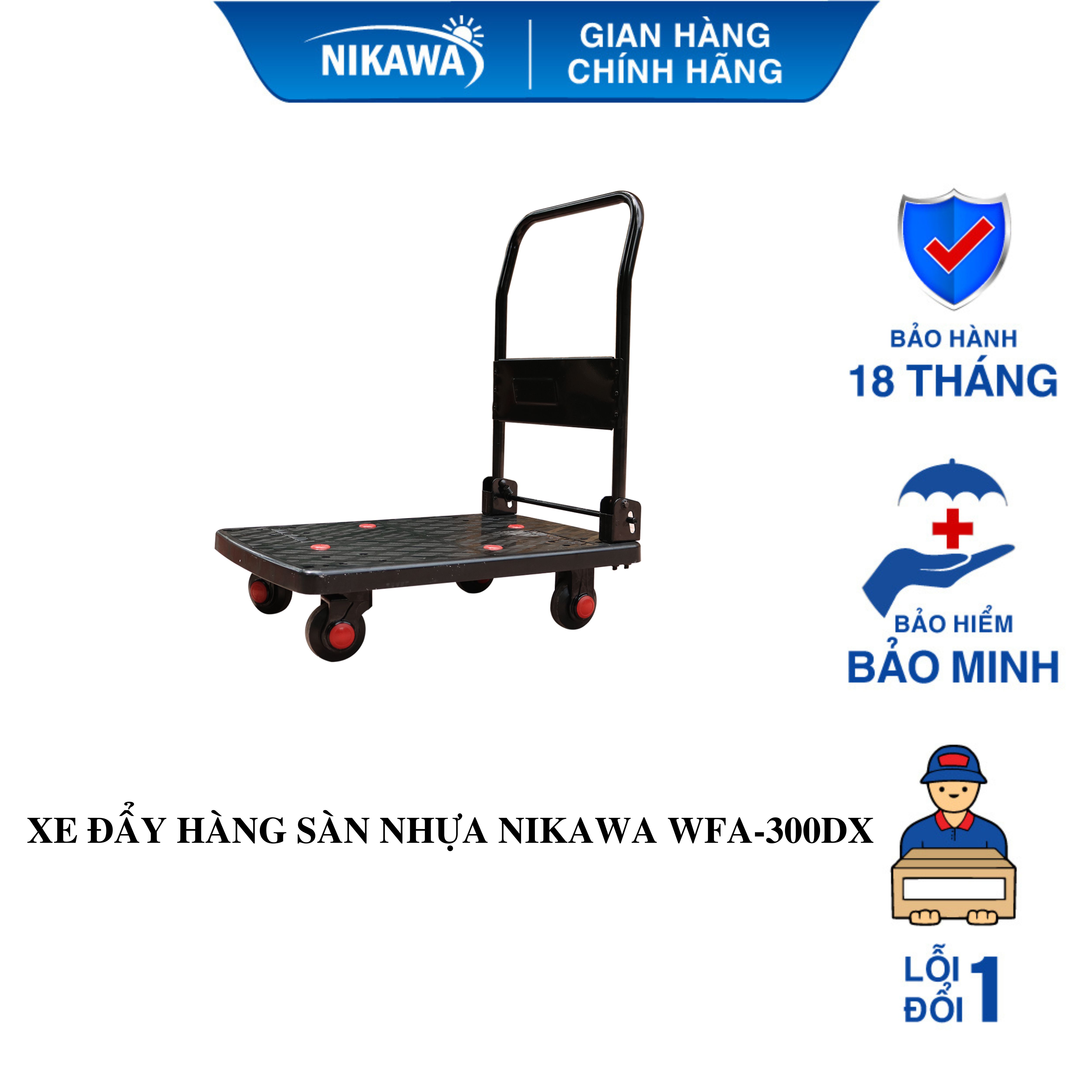 Xe đẩy hàng 4 bánh sàn nhựa nikawa wfa-300dx bánh xe cao su thiên nhiên - tải trọng 300kg - bảo hành 18 tháng