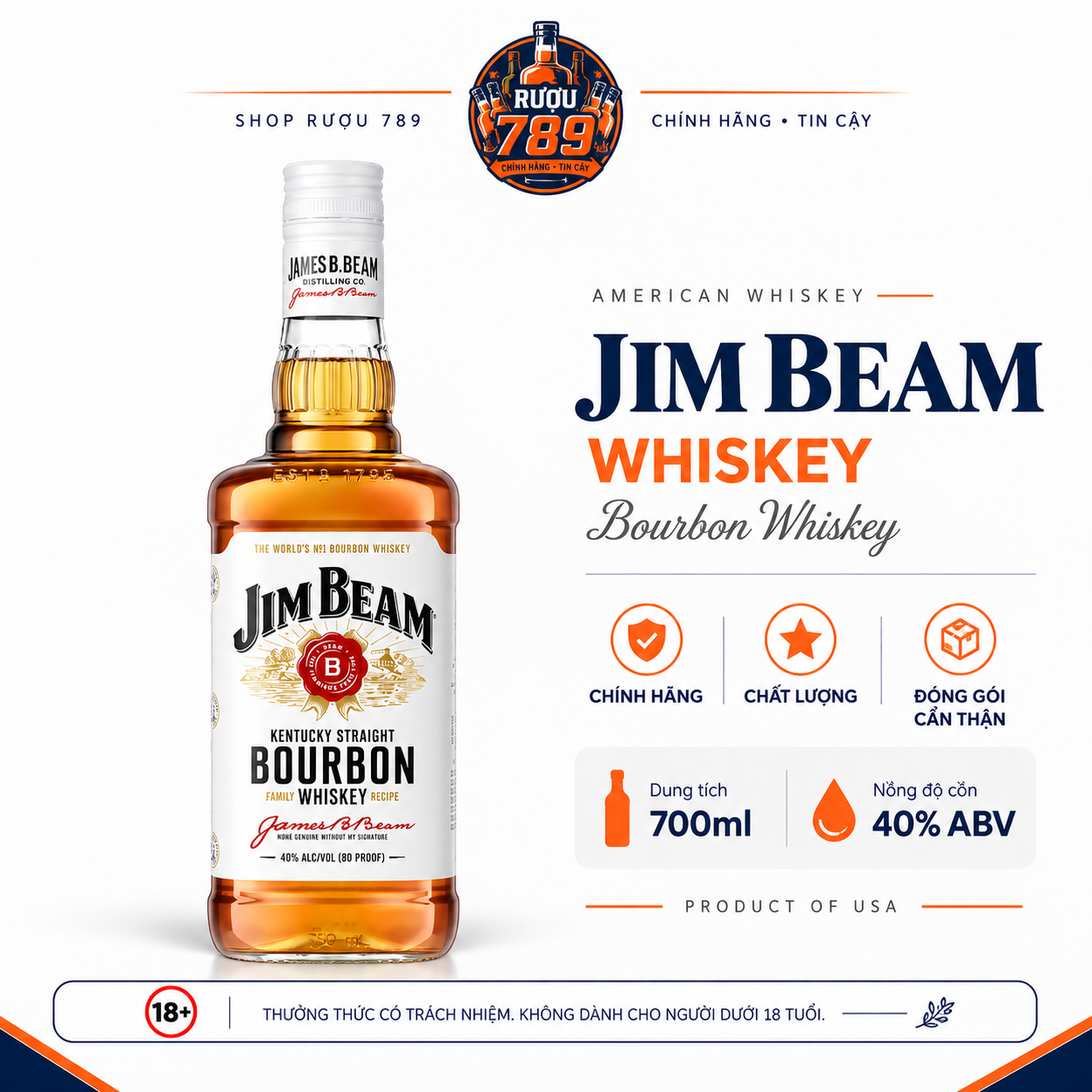 Rượu Whiskey Jim Beam Bourbon 700ml – 40% | Mỹ | Chính hãng | Rượu 789