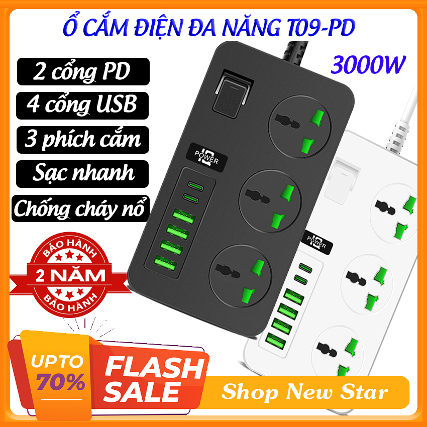 Ổ điện đa năng thông minh - ổ cắm điện usb - ổ điện siêu chịu tải T09PD - ổ cắm điện thông minh đa năng sạc nhanh, chống giật, chống cháy, cổng sạc type C, dây dài 2 mét - ổ điện drapow.