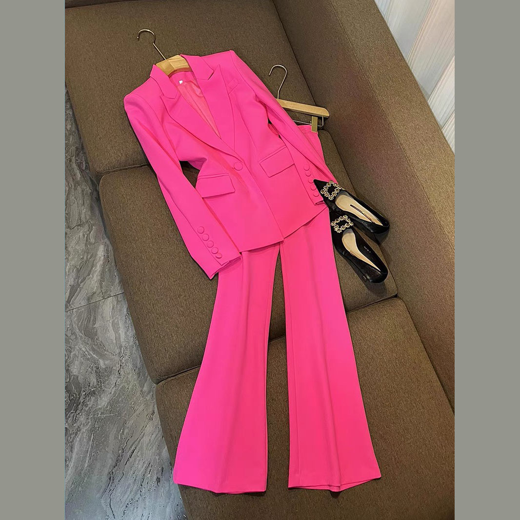 Set vest blazer màu hồng quần ống loe