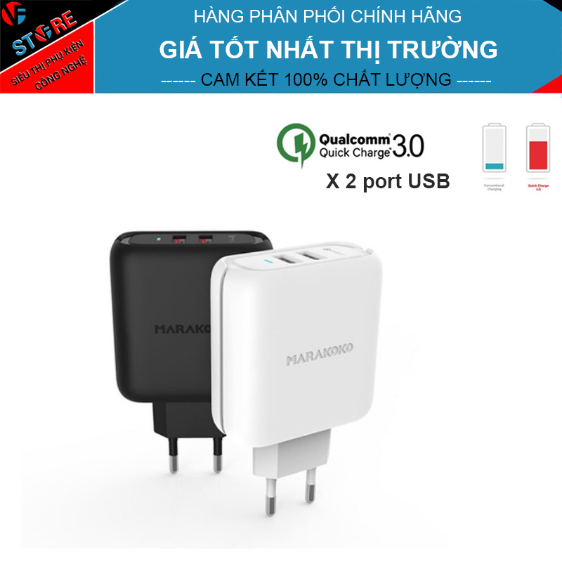 Củ Sạc nhanh 2 cổng Quick Charge 3.0 Marakoko MA21, công suất 36W cao cấp
