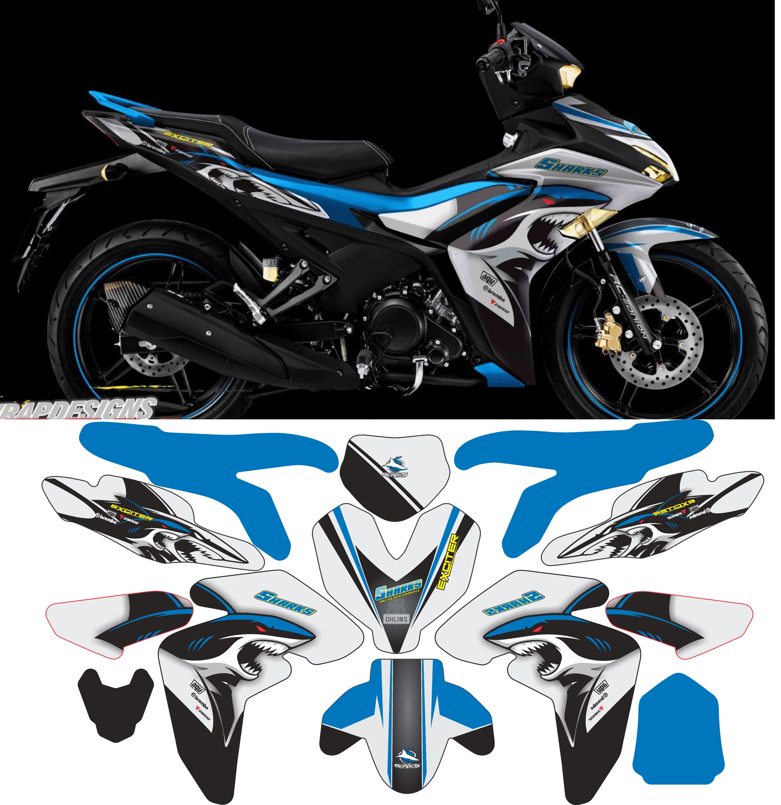 Tem trùm xe exciter 155 CÁ MẬP XANH TRẮNG đẹp - Tem dán xe máy exciter 155 XANH TRẮNG thiết kế theo yêu cầu - tem trùm exciter 155 độ chế đẹp và rẻ chất